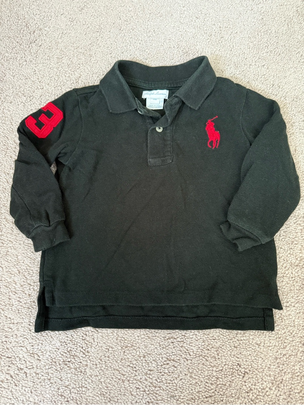 Size 24m Ralph Lauren Kids Black Long Sleeve Polo with Red Logo and Number 3